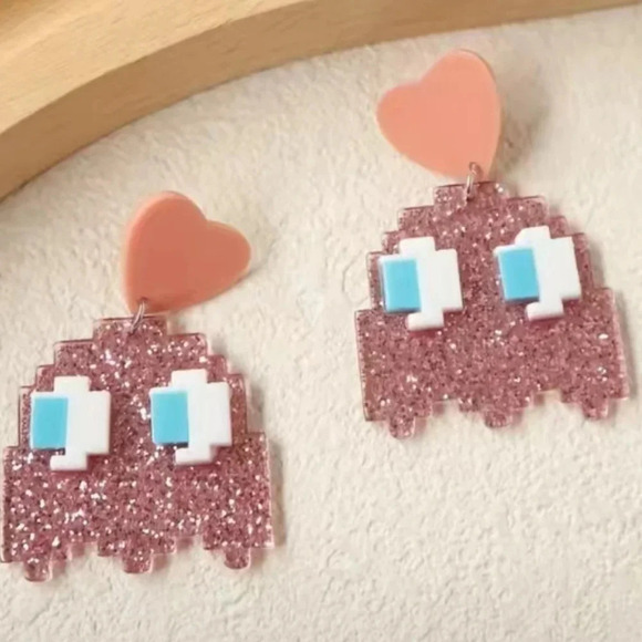 Glittery Pink Ghost Dangle Earrings (Pacman Style) - Picture 2 of 8